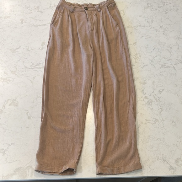 MABLE Women's Wide Leg Linen Blend Tan Pants Cuffed Pleated Medium - Picture 15 of 16